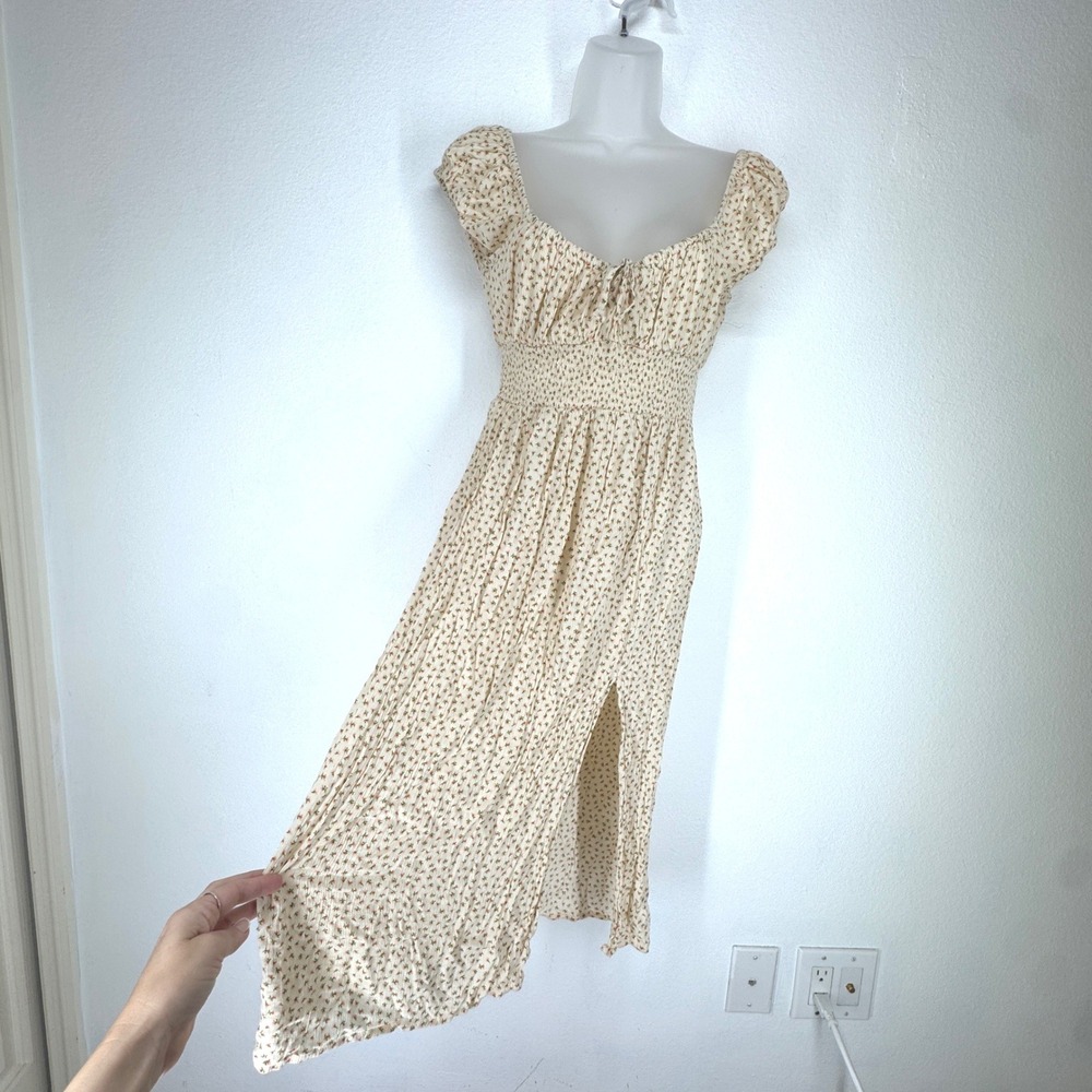 Aeropostale Ditsy Floral Milkmaid Midi Dress Cream Smocked Waist Slit Small Boho